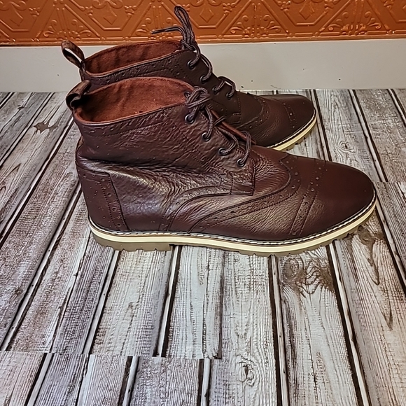 TOMS Bootie Mens Brogue Casual Wingtip Ankle Boot Maroon Leather Lace Up Size 14 - Picture 2 of 12